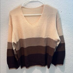 Striped V-Neck Sweater - Cream and Brown